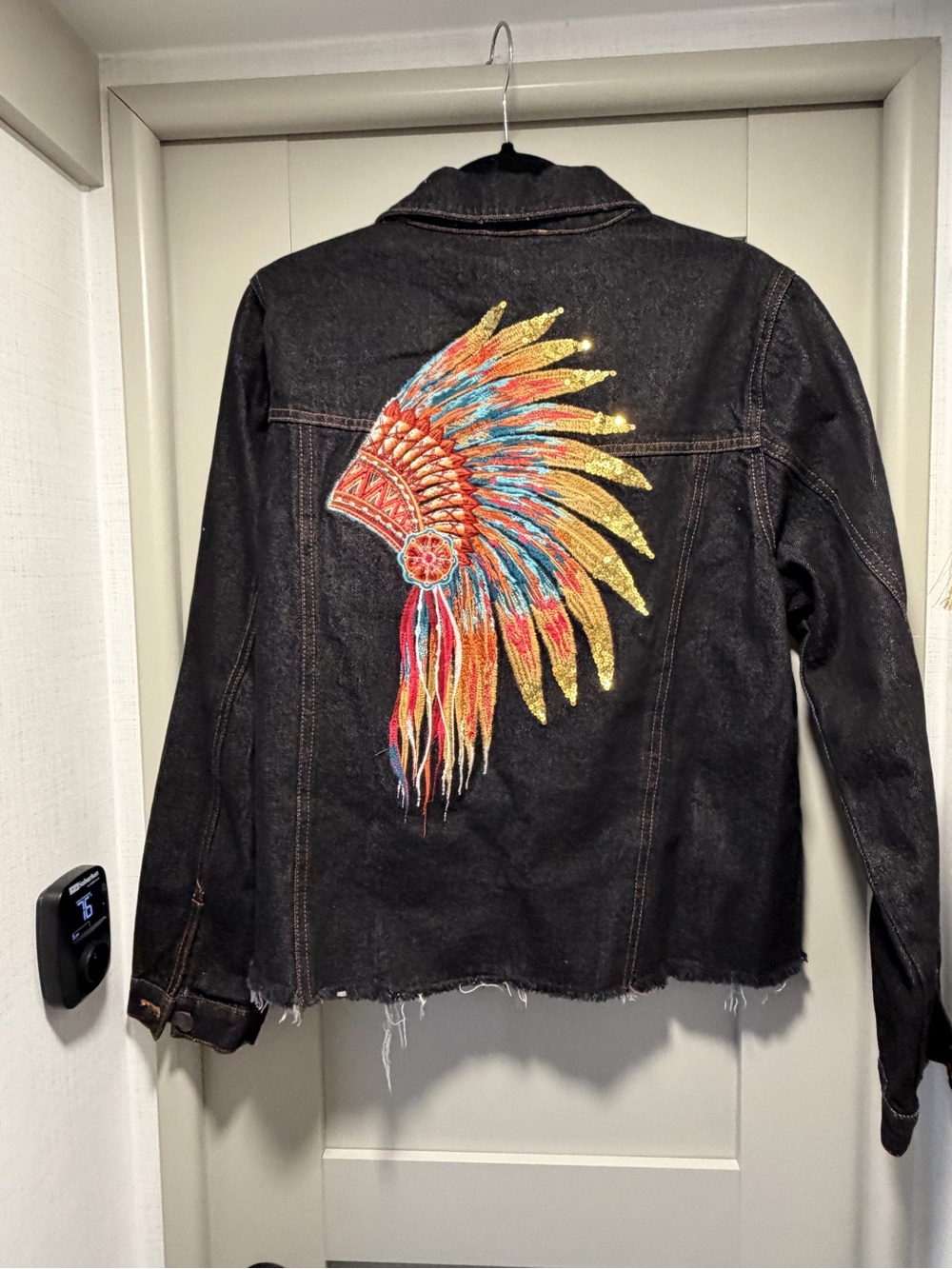 NWT Black Embroidered Denim Jacket with Colorful Headdress